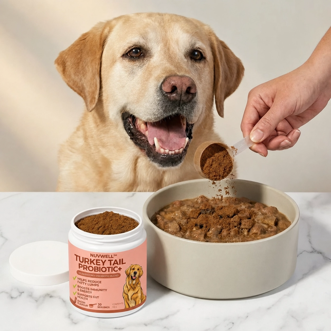 Dog enjoying Nuvwell supplement
